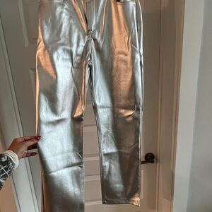 Abercrombie & Fitch 90s Straight Vegan Leather Silver Metallic Pants, size 29/8